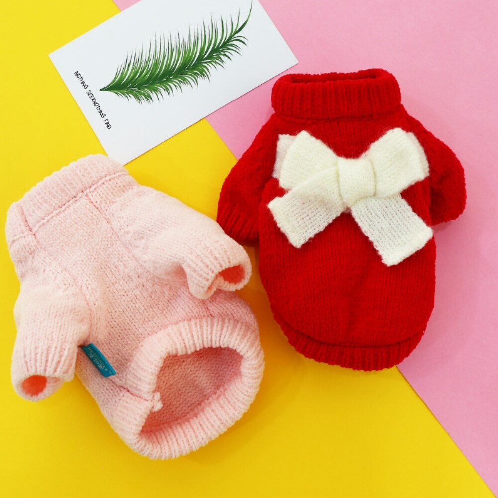 Warm Dog Sweater Winter Dog Cat Clothes Turtleneck Pet Sweater with Bow Knitted Pullover For Small Medium Large Dogs Cats