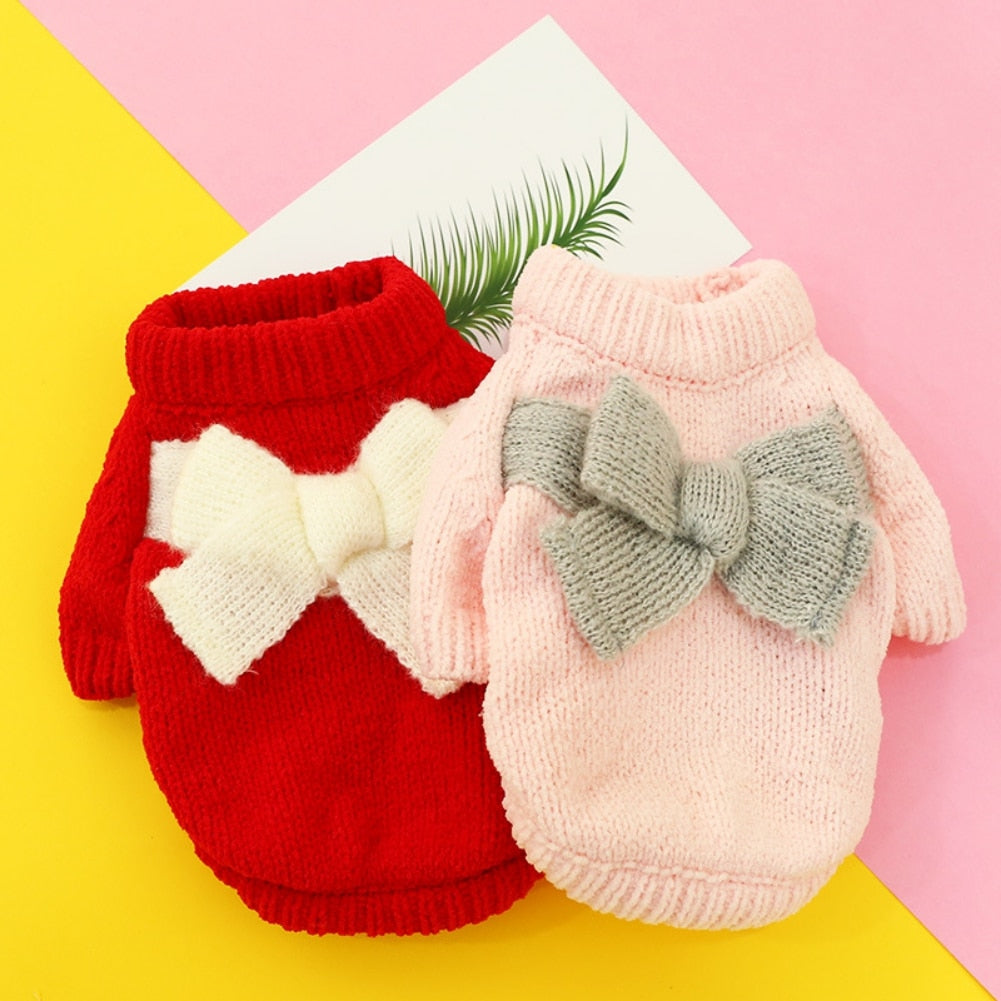 Warm Dog Sweater Winter Dog Cat Clothes Turtleneck Pet Sweater with Bow Knitted Pullover For Small Medium Large Dogs Cats