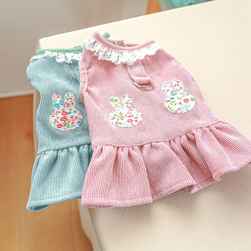 Cute Rabbit Printed Dog Dresses Summer Pet Dog Clothes Lovely Lace Collar Design Small Dog Puppy Cat Princess Dress Clothing