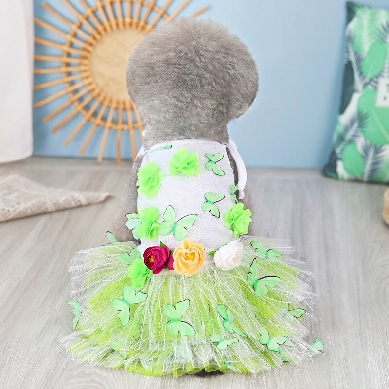 Lace Chiffon Dog Dress Summer Pet Clothes Small Dog Flower Butterfly Design Party Birthday Wedding Dress Pet Costume Cat Apparel