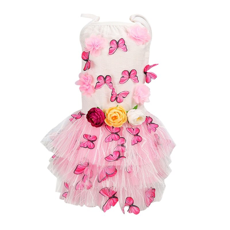 Lace Chiffon Dog Dress Summer Pet Clothes Small Dog Flower Butterfly Design Party Birthday Wedding Dress Pet Costume Cat Apparel