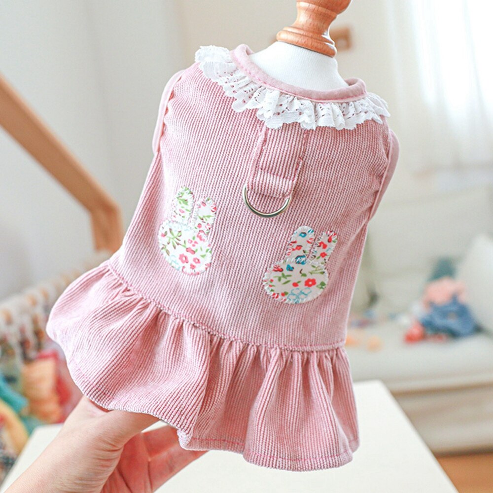 Cute Rabbit Printed Dog Dresses Summer Pet Dog Clothes Lovely Lace Collar Design Small Dog Puppy Cat Princess Dress Clothing
