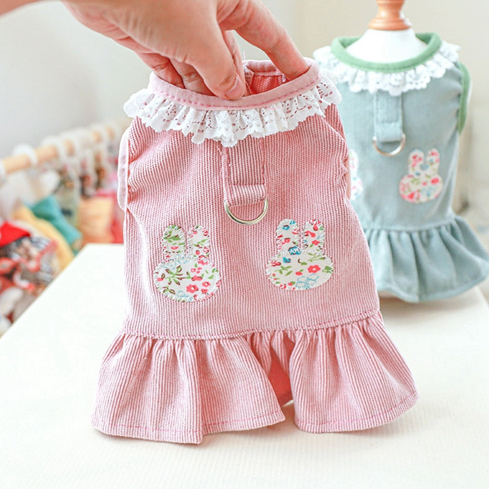 Cute Rabbit Printed Dog Dresses Summer Pet Dog Clothes Lovely Lace Collar Design Small Dog Puppy Cat Princess Dress Clothing