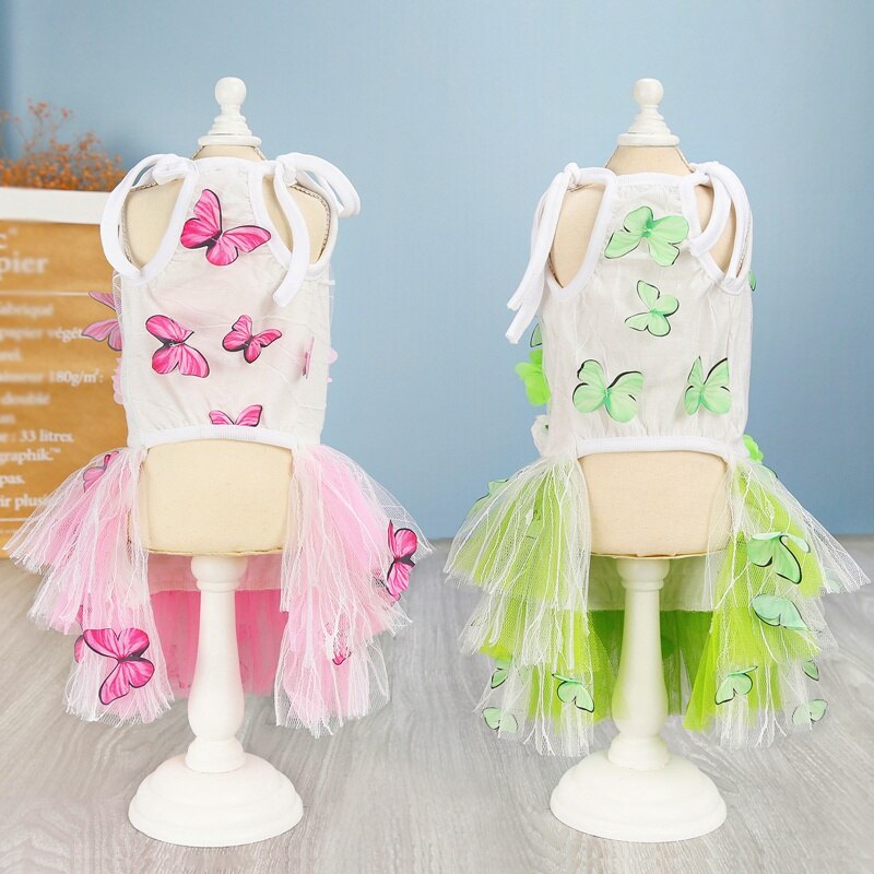 Lace Chiffon Dog Dress Summer Pet Clothes Small Dog Flower Butterfly Design Party Birthday Wedding Dress Pet Costume Cat Apparel