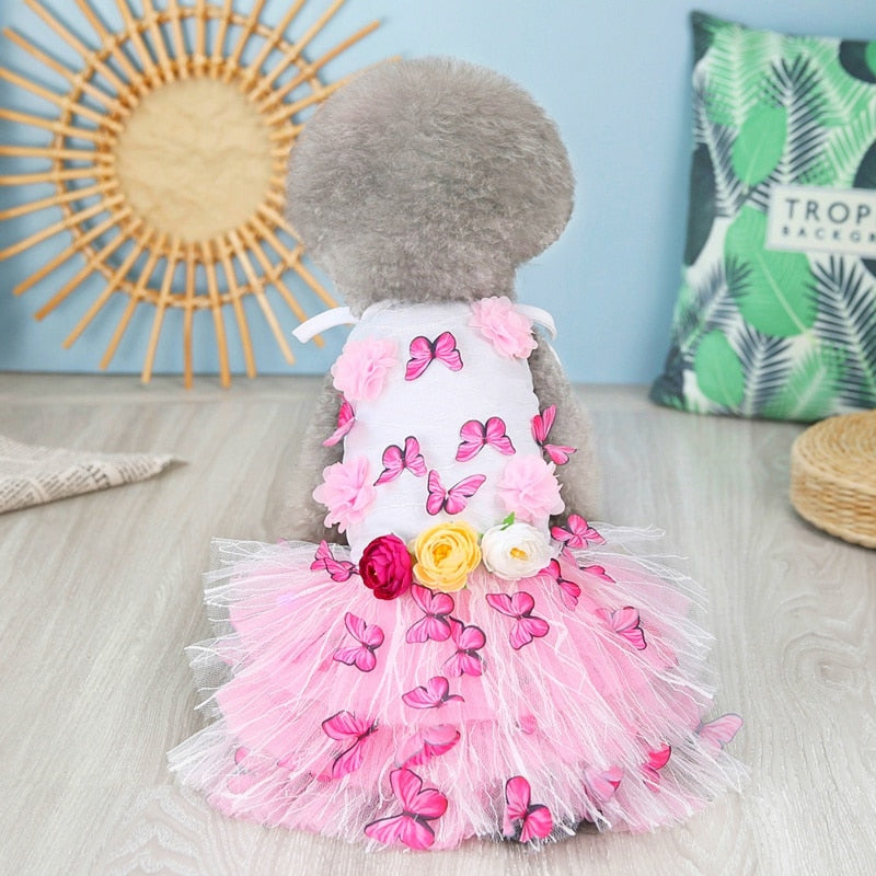 Lace Chiffon Dog Dress Summer Pet Clothes Small Dog Flower Butterfly Design Party Birthday Wedding Dress Pet Costume Cat Apparel