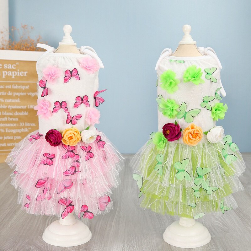 Lace Chiffon Dog Dress Summer Pet Clothes Small Dog Flower Butterfly Design Party Birthday Wedding Dress Pet Costume Cat Apparel
